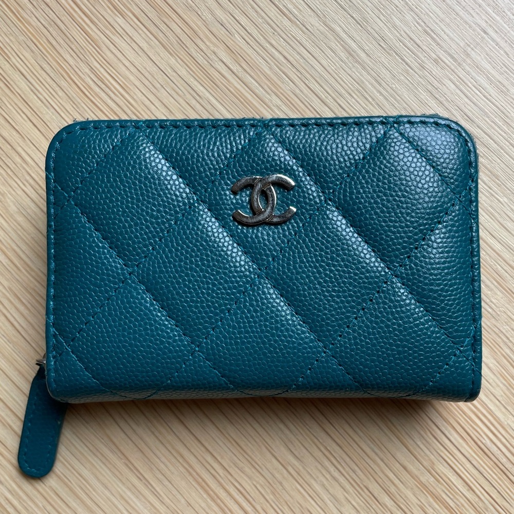 CHANEL Caviar Quilted Zip Coin Purse Wallet Dark Turquoise
